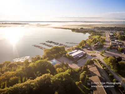 aerial view of sunset over Palmer Park and Lake Scugog